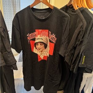 Black Graphic T-Shirt with Red and White Design